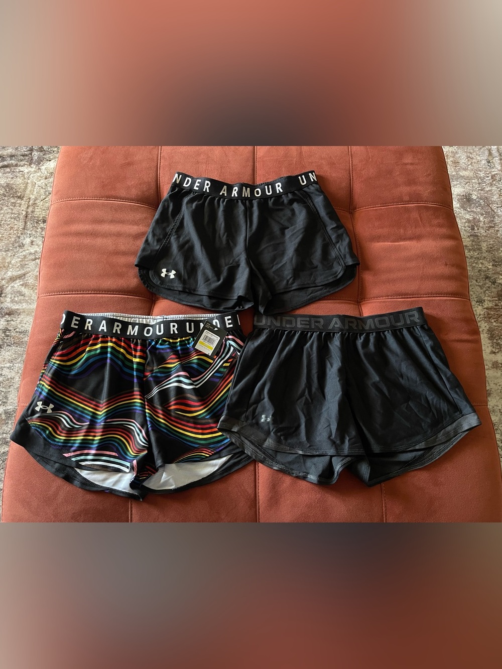Under Armour Women’s Black Athletic Shorts Trio with Rainbow Stripe Accent